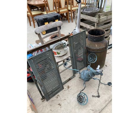 AN ASSORTMENT OF VINTAGE ITEMS TO ICLUDE A MILK CHURN (A/F), A WOODEN CHAIR AND A WINDOW SHUTTER ETC 