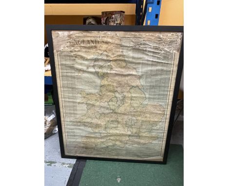 A VINTAGE FRAMED MAP OF ENGLAND AND WALES 114CM X 97CM (A/F) 