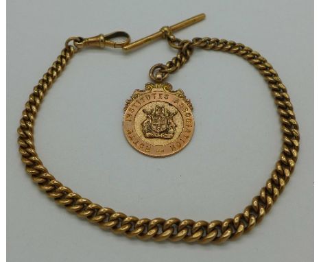 A 9ct gold Albert chain and fob, Nottingham Institutes Association, Cribbage 1929-30, Champion, 45.6g