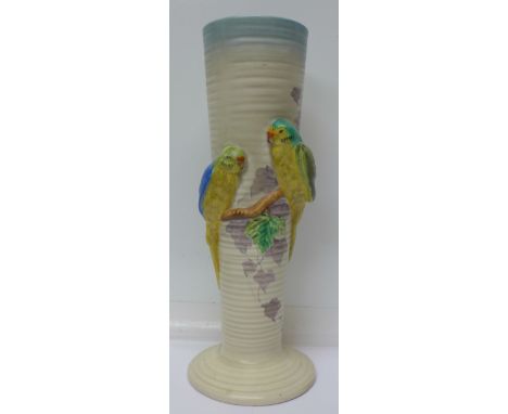 A Clarice Cliff budgerigar trumpet vase, 31cm