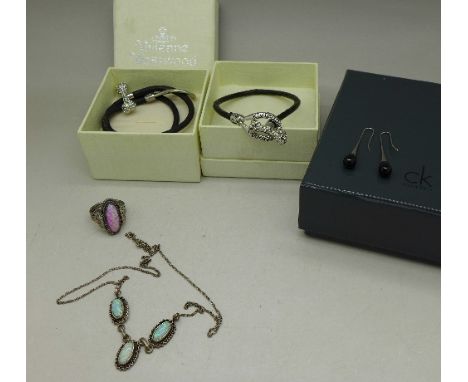 Two Vivienne Westwood bracelets, a pair of Calvin Klein drop earrings and silver and opal jewellery