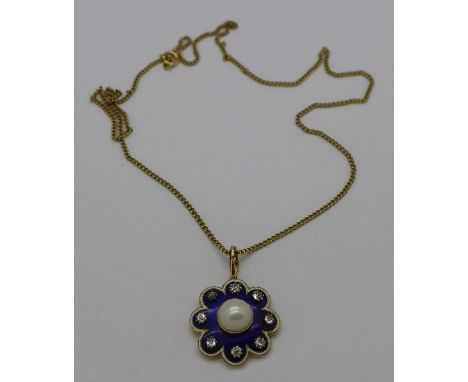 A yellow metal, diamond, pearl and enamel pendant on a 9ct gold chain, one stone replaced, 8.3g