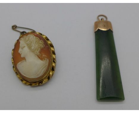 A 9ct gold mounted Victorian jade pendant and a cameo brooch