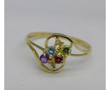 A 9ct gold multi-coloured stone set ring, 0.9g, O