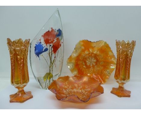 A Goebel vase, a pair of carnival glass vases and two carnival glass bowls