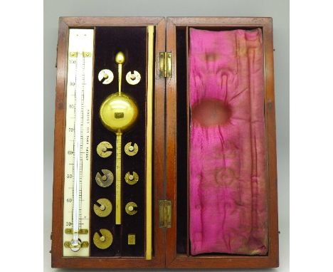 A cased Sike's hydrometer with thermometer marked Joseph Long, London