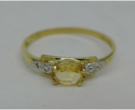 A 9ct gold, citrine and diamond ring, 0.8g, P