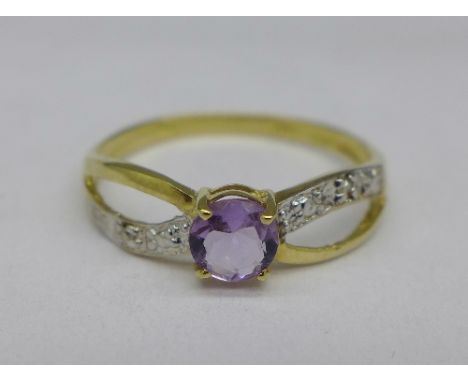 A 9ct gold, amethyst and diamond ring, 1g, O