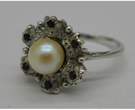 A 14ct white gold, pearl, old cut diamond and sapphire ring, 5.5g, Q