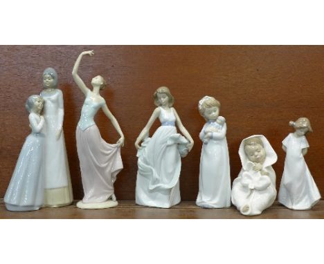 Five Nao figures and one other figure of a mother with child, height of tallest 34.5cm