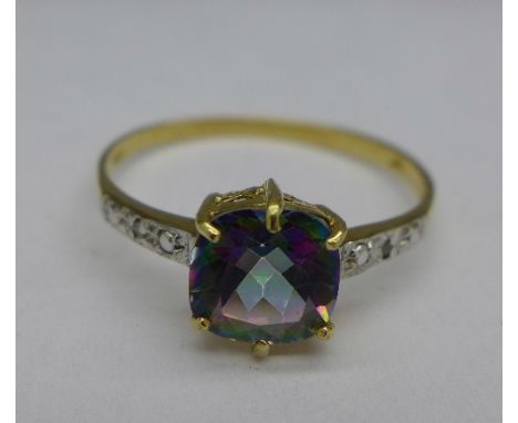 A 9ct gold, mystic topaz and diamond ring, 1.1g, O