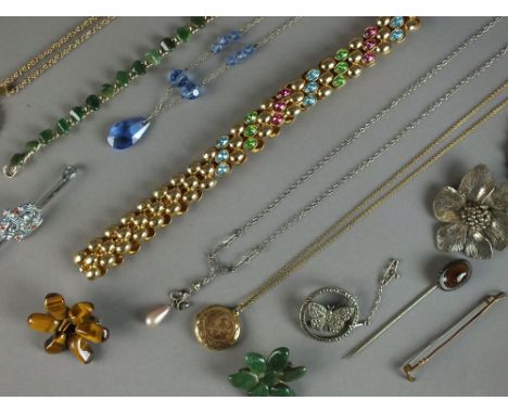 A collection of costume jewellery, to include; harstone set brooches, marcasite jewellery, ceramic brooches, bead necklace, w