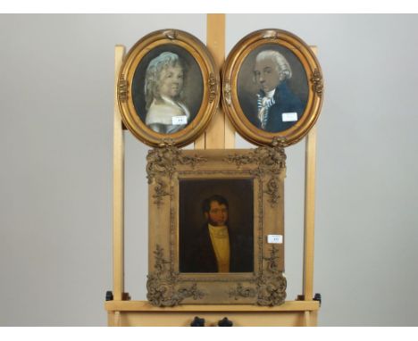 British school, 19th century, portrait of Thomas Shekell, oil on board, 24.5 x 19cm together with two pastel portraits of the