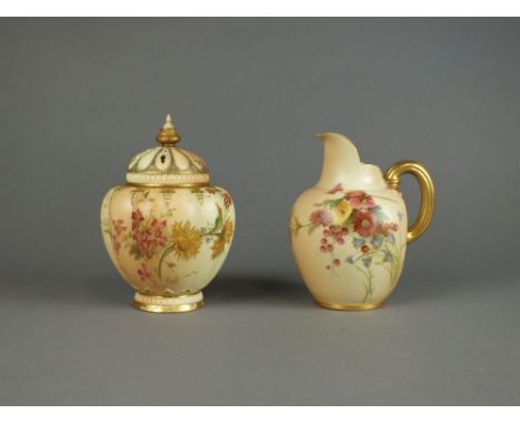 A Royal Worcester blush ivory jug painted with flowers, shape 1094 and a Royal Worcester crown temple top pot pourri jar with