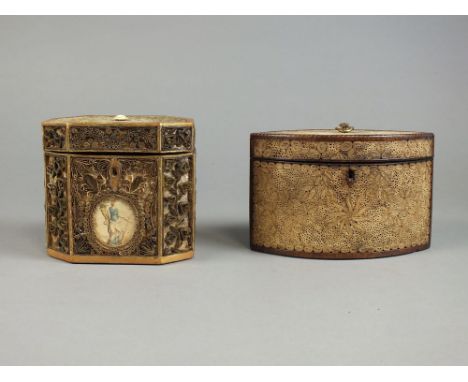 A George III curled paper tea caddy of pointed oval form, 19cm wide, 13cm high and a canted rectangular example with coloured