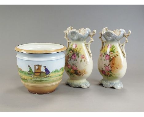 A mixed lot to include; 20x60 binoculars, a box of tools, a pair of Edwardian Staffordshire decorative vases, a Burleigh plan