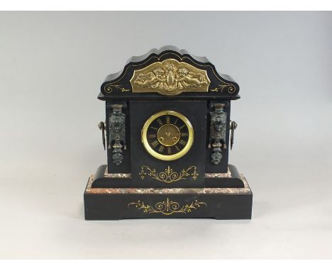 A Victorian black marble and variegated marble mantle clock with 5" dial, Roman numerals, 8-day movement, striking on a gong,