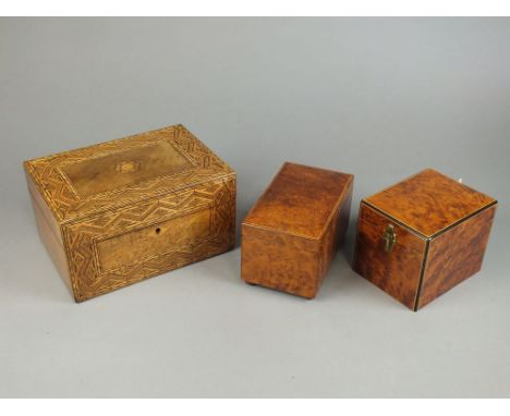 A 19th Century Tunbridge ware box Of rectangular outline and inlaid with typical geometric borders, 26cm across, together wit