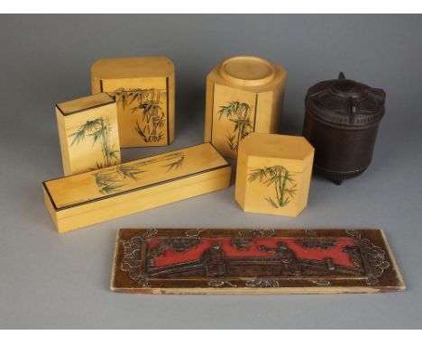 A Chinese painted bamboo table gift set Inter-war period Including pen box, tea caddy, cigarette box etc., all decorated with