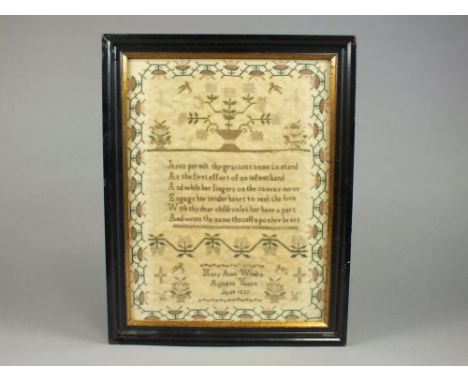 A wool work religious tapestry by Mary Ann Winks aged 12 years, June 1837 with verse and in brown, pink and green foliate sur