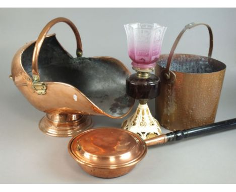 Selection of metal wares to include a copper bed pan, copper helmet shape coal scuttle, copper kettle and jam pan, coal bucke