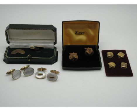 A Small Collection of Gent's Cufflinks, including two pairs with mother of pearl panels, circular with horse head detail, eng