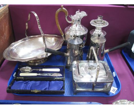A Walker &amp; Hall Plated Sardine Box, with glass liner, a Georgian style EPBM water jug, a William Hutton plated lamp base,