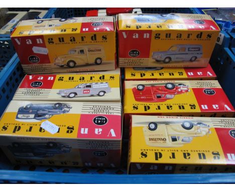 Eight 1:43rd Scale Diecast Model Vehicles, by Lledo, all Vanguards Editions Vans including Morris Minor Van 'Ovaltine', all b