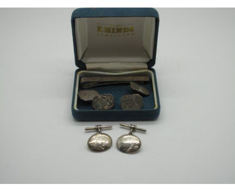 A Pair of Rectangular Panel Cufflinks, of part engine turned design, to chain suspension, stamped "925", with matching tie sl