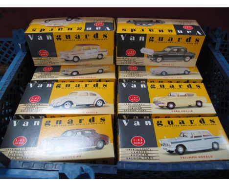 Eight 1:43rd Scale Diecast Model Vehicles, by Lledo, all Vanguards Editions including Ford Anglia, boxed.