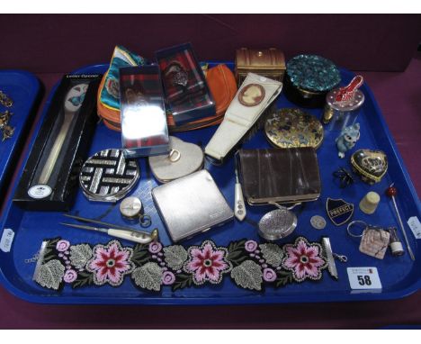 Manicure Items, fabric floral necklet/collar, mirror compacts, vintage powder compact, letter opener (boxed), "Prefect" ename