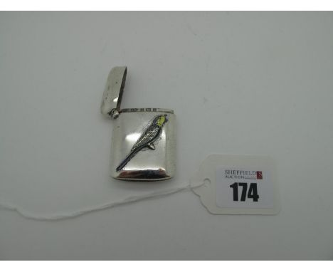 A Hallmarked Silver Vesta Case, T.H, Birmingham 1900, of plain rounded rectangular form with applied enamel budgerigar, highl