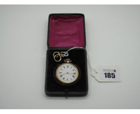A 9ct Gold Cased Ladies fob Watch, the gilt highlighted dial with black Roman numerals, within foliate engraved case; togethe