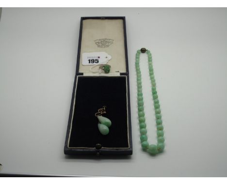 A Pair of Polished Green Hardstone Drop Earrings, on chain suspension and unpierced screw fitting, overall length 4.5cm; a dr