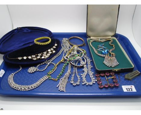 Vintage Diamante Necklaces, pink buckle, blue bangle, graduated necklace in a fitted case, foil bead wire necklace, a gilt me