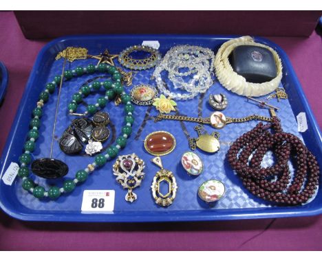 XIX Century Hat Pin, shell necklace, heart, micromosaic heart and crescent brooch, a bar brooch (indistinctly stamped "9ct"),