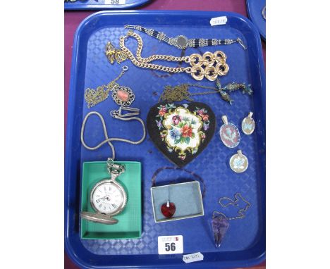 A Modern Hunter Cased Pocketwatch, needlepoint trinket pot, enamel articulated fish pendant, lustre glass pendants, etc:- One