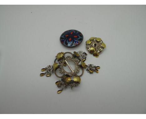 A Large Norwegian Solje Brooch, of openwork design suspending filigree and teardrop detail, stamped "830S"; another similar, 