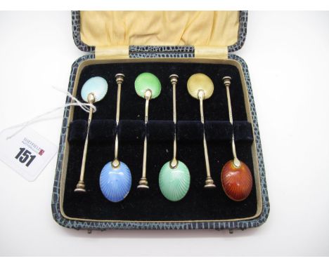 A Matched Set of Six Hallmarked Silver Gilt and Harlequin Enamel Coffee Spoons, S.Ld, Birmingham 1954, 1955, highlighted in b