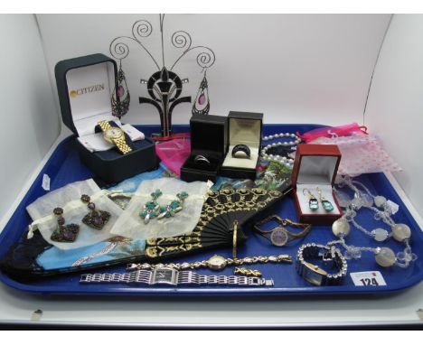 Costume Jewellery, including three band ring (stamped "925") (finger size J½), Citizen ladies wristwatches, fan, etc:- One Tr