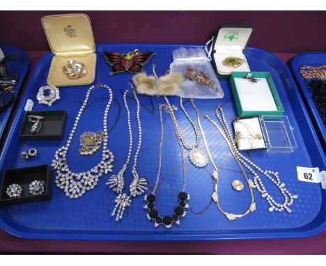 Diamante Necklaces, enamel butterfly waist buckle, Jomaz, Ciro and other brooches, clip earrings, etc:- One Tray