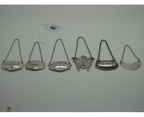 A Hallmarked Silver Decanter Label, CR&amp;S, Birmingham 1996, "PORT", on chain suspension; together with five plated example