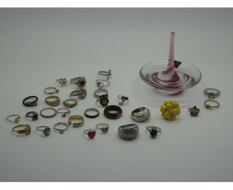 Assorted Costume Dress Rings, together with a Langham pink, white and clear glass ring tree. 