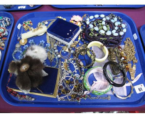 Assorted Costume Jewellery, including vintage fur flowers, bangles, pendants, kilt pin etc:- One Tray