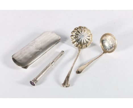 Sterling silver engine turned, Birmingham, 59g, two sterling silver sifting spoons, 42g and a white metal amethyst set engine