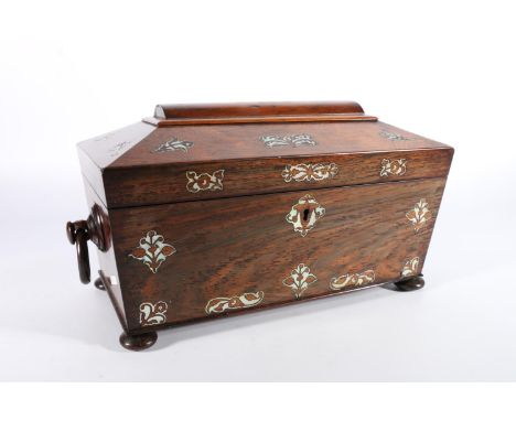 Antique rosewood and mother of pearl inlaid tea caddy of sarcophagus form, the domed top opening to reveal an interior with c