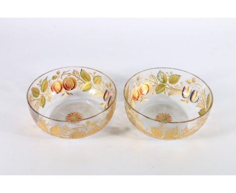 Pair of antique intaglio etched, painted enamel and gilded glass finger bowls decorated with fruit designs in the manner of M