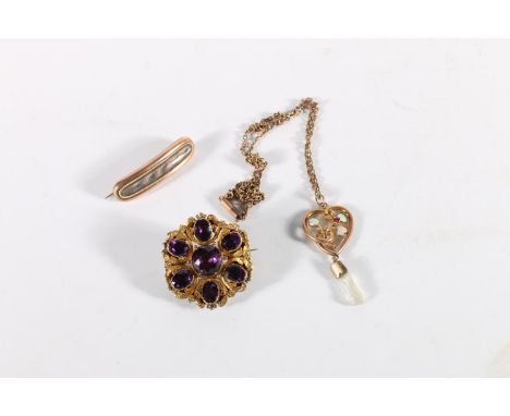 9ct gold opal and pink stone set pendant on yellow metal chain, 4.9, gold mourning brooch with plated hair, 3.1g and a gilt m