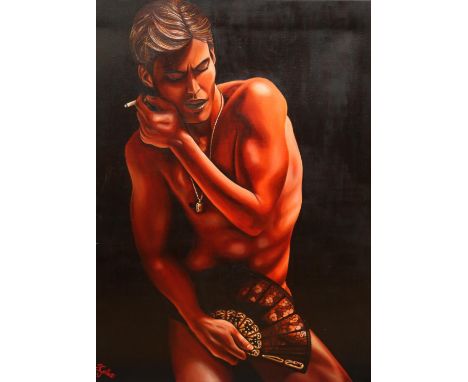 STEPHANIE GILLETT (South African contemporary artist and illustrator), portrait of nude male with fan and cigarette, oil on c