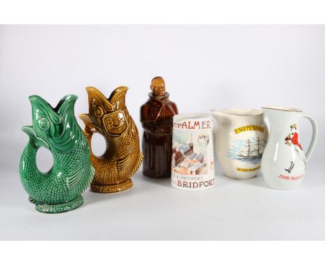 Whisky advertising interest, two Dartmouth pottery fish gurgle jugs advertising Old Rarity Scotch, an Abbot's Choice Monk dec